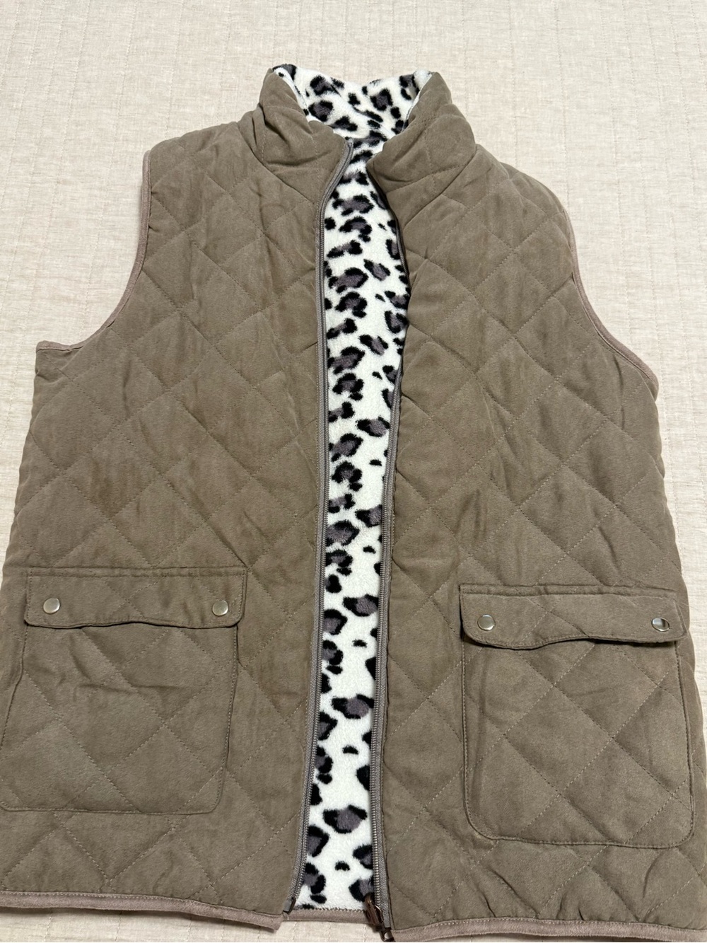 Quilted Reversible Vest - Taupe with Animal Print Lining